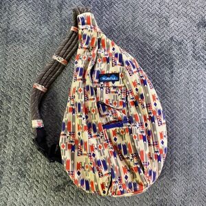 KAVU Sling Backpack Tribal Print Cotton Rope Strap Blue Red White